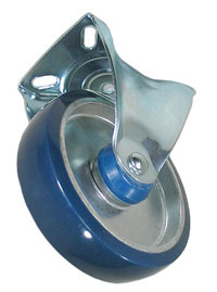 Caster; Rigid; 5" x 1-1/4"; PolyU on Alum (Blue); Top Plate (2-1/2"x3-11/16"; holes: 1-3/4"x2-7/8" slotted to 3"; 5/16" bolt); Zinc; Prec Brng; 275# (Item #65781)