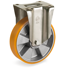 Caster; Rigid; 150mm x 40mm; PolyU (Orange) on Alum; Plate (110mmx140mm: holes: 80mmx105mm; 11mm bolt); Zinc; Precision Ball Brng; 1100# (Item #64426) Caster; Rigid; 150mm x 40mm; PolyU (Orange) on Alum; Plate (110mmx140mm: holes: 80mmx105mm; 11mm bolt); Zinc; Precision Ball Brng; 1100# (Item #64426)