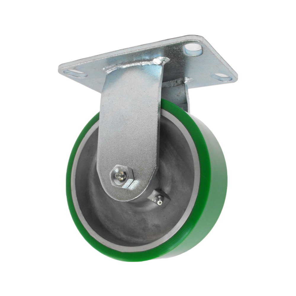 Caster; Rigid; 8" x 2-1/2"; 95A PolyU on Alum; Plate (4-1/2"x6-1/4"; holes: 2-7/16"x4-15/16" slots to 3-3/8"x5-1/4"; 1/2" bolt); Zinc; Roller Brng; 2000# (Item #63613) Caster; Rigid; 8" x 2-1/2"; 95A PolyU on Alum; Plate (4-1/2"x6-1/4"; holes: 2-7/16"x4-15/16" slots to 3-3/8"x5-1/4"; 1/2" bolt); Zinc; Roller Brng; 2000# (Item #63613)