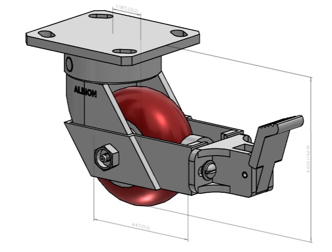 Caster; Swiv; 4" x 2"; PolyU (Rnd) on Alum; Plt (4"x4-1/2"; holes: 2-5/8"x3-5/8" slots to 3"x3"); Zinc; Prec Ball Brng; 700#; Kingpinless; Face Brake (Item #63562) Caster; Swiv; 4" x 2"; PolyU (Rnd) on Alum; Plt (4"x4-1/2"; holes: 2-5/8"x3-5/8" slots to 3"x3"); Zinc; Prec Ball Brng; 700#; Kingpinless; Face Brake (Item #63562)