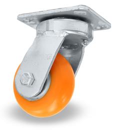 Caster; Swivel; 6" x 2"; HD PolyU on Alum; Plate (4"x4-1/2"; holes: 2-5/8"x3-5/8" slotted to 3"x3"; 3/8" bolt); Zinc; Sealed Prec BB; 1200#; Kingpinless (Item #65542)