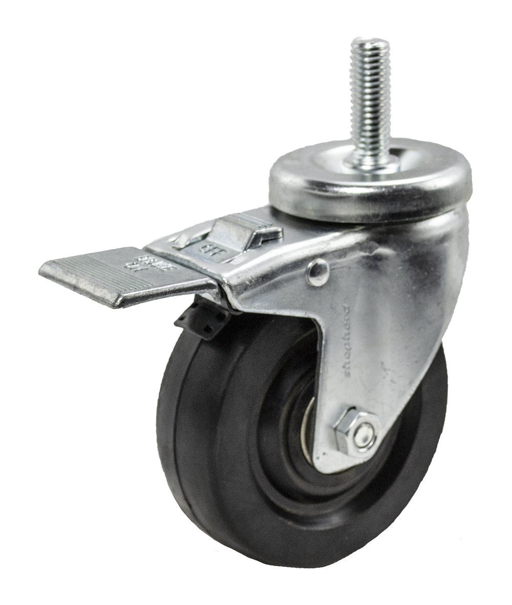 Caster; Swivel; 4" x 1-1/4"; Rubber (Hard); Threaded Stem (1/2"-13TPI x 1-1/2"); Zinc; Plain bore; 250#; Dust Cover (Mtl); Total Lock (Item #64586)