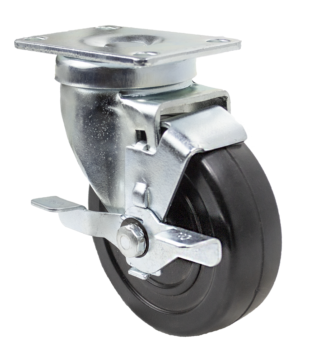 Caster; Swivel; 5x1-1/4; Hard Rubber (not Non-marking); Plate (2-1/2x3-5/8; holes: 1-3/4x2-7/8 slotted to 3; 5/16 bolt); Zinc; Nylon Spanner; 280#; Brake (Item #67397) Caster; Swivel; 5x1-1/4; Hard Rubber (not Non-marking); Plate (2-1/2x3-5/8; holes: 1-3/4x2-7/8 slotted to 3; 5/16 bolt); Zinc; Nylon Spanner; 280#; Brake (Item #67397)