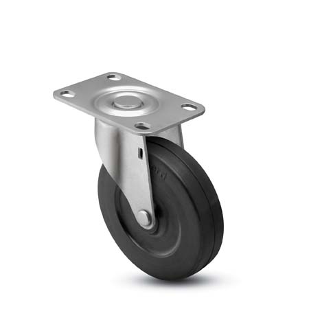 Caster; Swivel; 5 x 1-1/4; Rubber; Soft; Top Plate; 2-3/8x3-5/8; holes: 1-3/4x2-7/8 (slotted to 3); 5/16 bolt; Zinc; Plain bore; 250# (Item #67834)