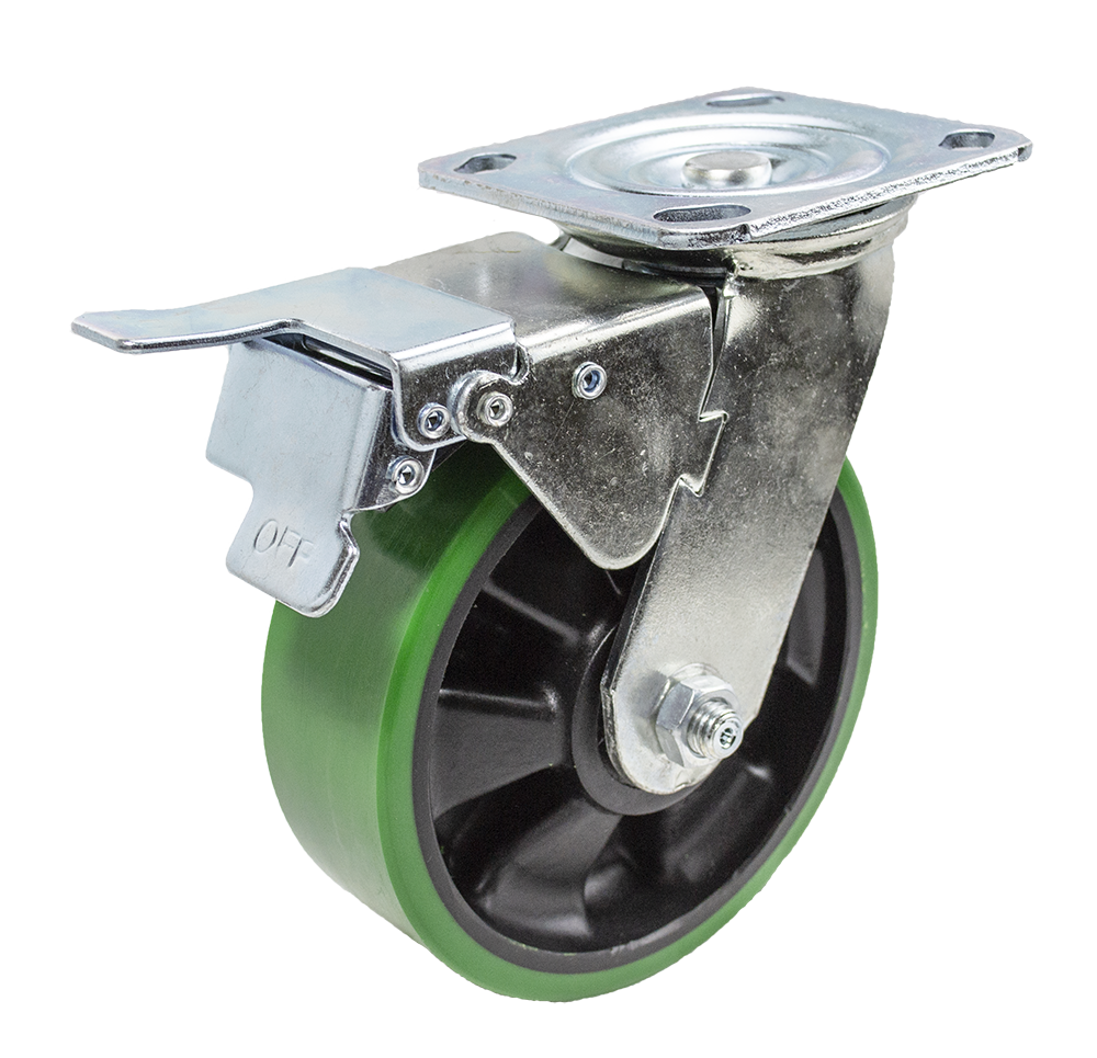 Caster; Swivel; 6" x 2"; PolyU on Nylon; Plate (4"x4-1/2"; holes: 2-5/8"x3-5/8" slots to 3"x3"; 3/8" bolt); Zinc; Roller Brng; 1200#; Total Lock (Trailing) (Item #63937) Caster; Swivel; 6" x 2"; PolyU on Nylon; Plate (4"x4-1/2"; holes: 2-5/8"x3-5/8" slots to 3"x3"; 3/8" bolt); Zinc; Roller Brng; 1200#; Total Lock (Trailing) (Item #63937)