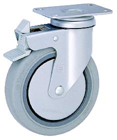 Caster; Swivel; 5" x 1-1/4"; Conductive TPR Rubber; Plate (2-1/2"x3-5/8"; holes1-3/4"x2-13/16"; 5/16" blt); Chrome; Prec Brng; 260#; Total Lock (Item #63710)