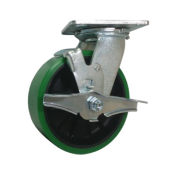 Caster; Swivel; 6" x 2"; PolyU on Nylon (Green); Top Plate (4"x4-1/2"; holes: 2-5/8"x3-5/8" slotted to 3"x3"; 3/8" bolt); Zinc; Roller Brng; 1200#; Wheel Brake (Item #65526) Caster; Swivel; 6" x 2"; PolyU on Nylon (Green); Top Plate (4"x4-1/2"; holes: 2-5/8"x3-5/8" slotted to 3"x3"; 3/8" bolt); Zinc; Roller Brng; 1200#; Wheel Brake (Item #65526)