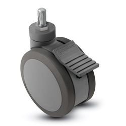 Caster; Twin Wheel; 100mm (4"); Polyurethane; Threaded Stem (1/2"-13TPI x 1-1/2"); Gray; Steel Axle; 225#; Total Lock Brake (Item #67361)
