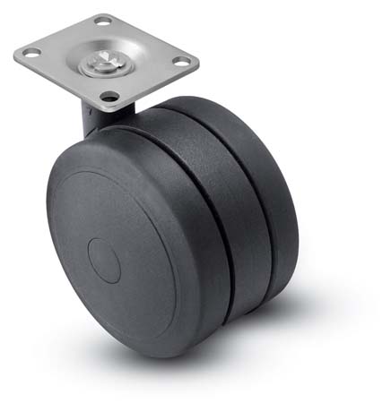 Caster; Twin; Swivel; 3" (75mm); Polyurethane; Plate; 1-1/2"x1-1/2"; holes: 1"x1"; 3/16" bolt; Black; Rivet; 165# (Item #68980)