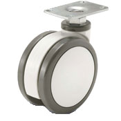 Caster; Twin Wheel; Swivel; 100mm; Polyurethane; Plate (2-1/2"x3-5/8": holes: 1-3/4"x2-13/16" (slotted to 3-1/16"); 5/16" bolt); Gray/ White; Prec BB; 220# (Item #65945)