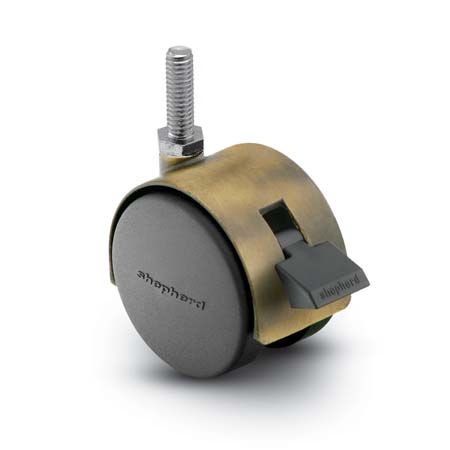 Caster; Twin; Swivel; 2in (50mm); Nylon; Threaded Stem; 3/8-16TPI x 1-1/2; Antique; Metal (zinc) body; 75#; Pedal Style Wheel Brake; Hood (Item #67937) Caster; Twin; Swivel; 2in (50mm); Nylon; Threaded Stem; 3/8-16TPI x 1-1/2; Antique; Metal (zinc) body; 75#; Pedal Style Wheel Brake; Hood (Item #67937)