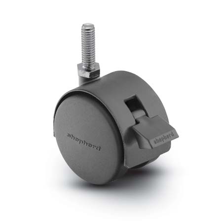 Caster; Twin Wheel; Swivel; 60mm; Polyurethane Tread; Threaded Stem (3/8"-16TPI x 1"; Black; Riveted Axle; 120#; Hood; Brake (Item #63104) Caster; Twin Wheel; Swivel; 60mm; Polyurethane Tread; Threaded Stem (3/8"-16TPI x 1"; Black; Riveted Axle; 120#; Hood; Brake (Item #63104)