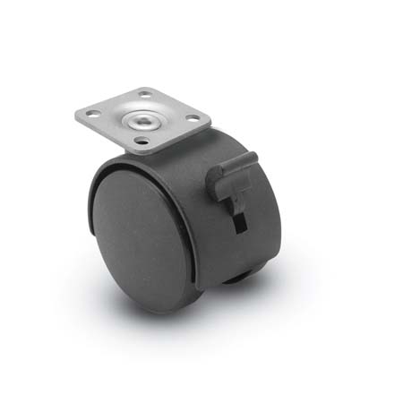 Caster; Twin; Swivel; 2-3/8" (60mm); Nylon; Plate; 1-3/16"x2"; holes: 13/16"x1-9/16"; 3/16" bolt; Black; Steel Axle; 100#; Pedal Lock; Wheel; Hood (Item #68245)