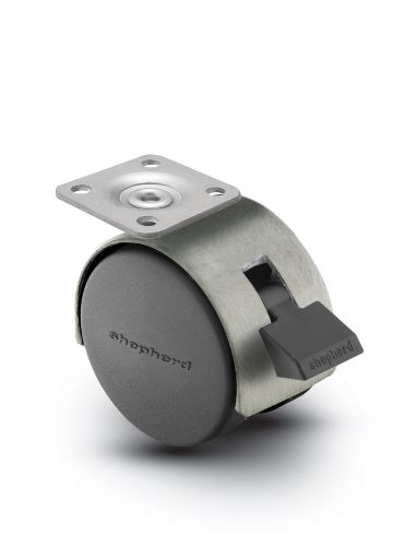 (image for) Caster; Twin; Swivel; 2in (50mm); Nylon; Top Plate; 1-1/2x1-1/2; hole spacing: 1x1; 3/16 bolt; Satin Chrome; Zinc Body; 75#; Pedal Lock; Wheel; Hood (Item #68616)