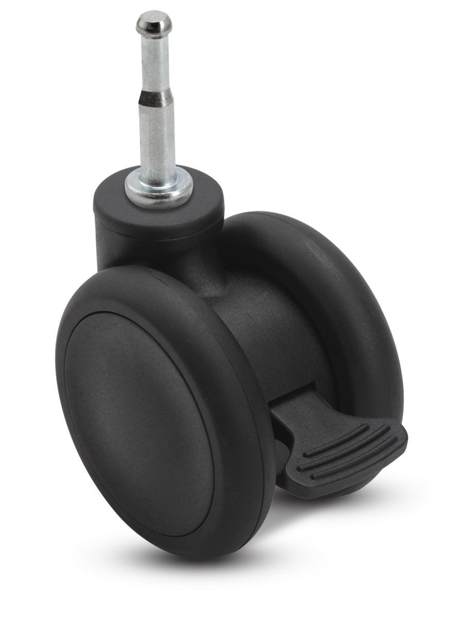 Caster; Twin Wheel; Swivel; 65mm; Thermoplastized Rubber (Black); Grip Neck (5/16x1-1/2); Black; Riveted Axle; 110#; Wheel Brake (Item #66693)