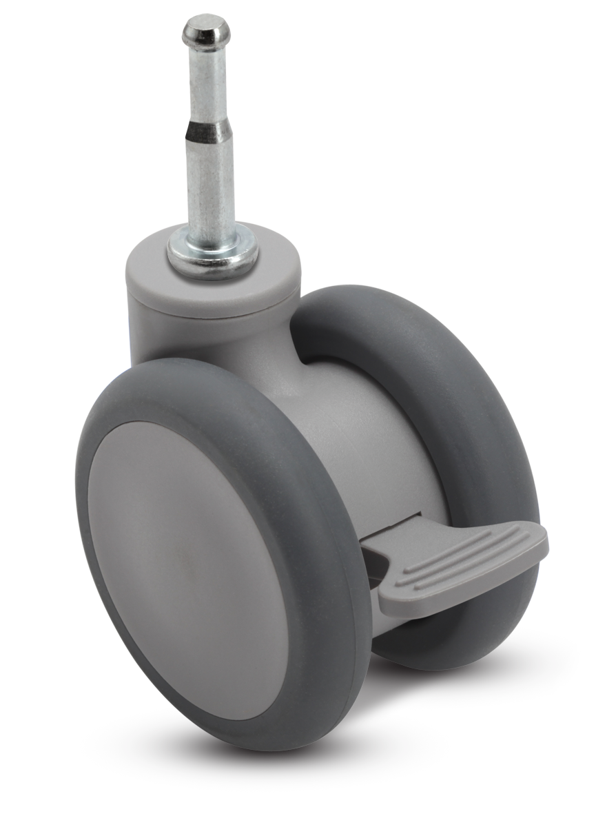 Caster; Twin Wheel; Swivel; 65mm; Thermoplastized Rubber (Gray); Grip Neck (5/16x1-1/2); Gray; Riveted Axle; 110#; Wheel Brake (Item #66695)