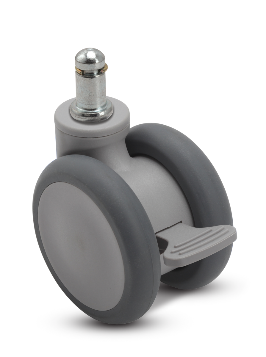 Caster; Twin Wheel; Swivel; 65mm; Thermoplastized Rubber (Gray); Grip Ring (7/16"x7/8"); Gray; Riveted Axle; 110#; Wheel Brake (Item #66697) Caster; Twin Wheel; Swivel; 65mm; Thermoplastized Rubber (Gray); Grip Ring (7/16"x7/8"); Gray; Riveted Axle; 110#; Wheel Brake (Item #66697)