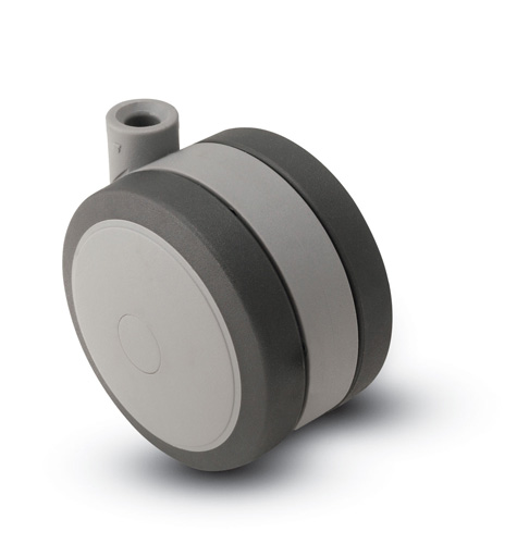 Caster; Twin; Swivel; 2-3/8" (60mm); Thermoplastized Rubber (Gray); Stemless; Black/Grey; Rivet; 100# (Receives Shepherd 0.35"  x 1-1/8" stem) (Item #68831)