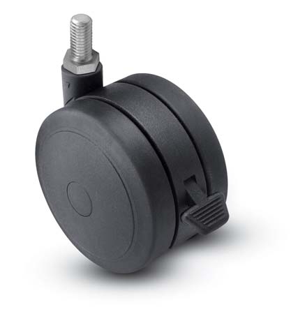 Caster; Twin; Swivel; 3" (75mm); Polyurethane; Threaded Stem; 1/2"-13TPI x 1"; Black; Rivet; 165#; Pedal Lock; Wheel (Item #68941)