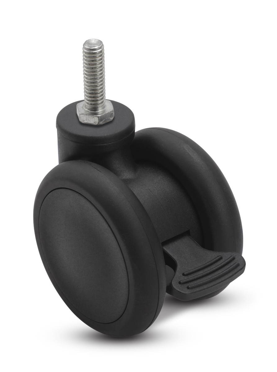 Caster; Twin Wheel; Swivel; 65mm; Thermoplastized Rubber (Black); Threaded Stem (3/8"-16TPI x 3/4"); Black; Riveted Axle; 110#; Wheel Brake (Item #63464)
