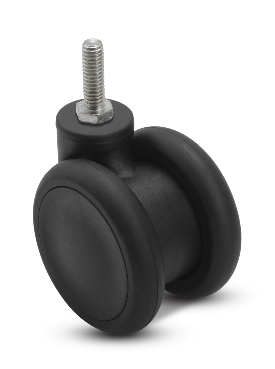 Caster; Twin Wheel; Swivel; 65mm; Thermoplastized Rubber (Black); Threaded Stem (3/8"-16TPI x 3/4"); Black; Riveted Axle; 110# (Item #63465)
