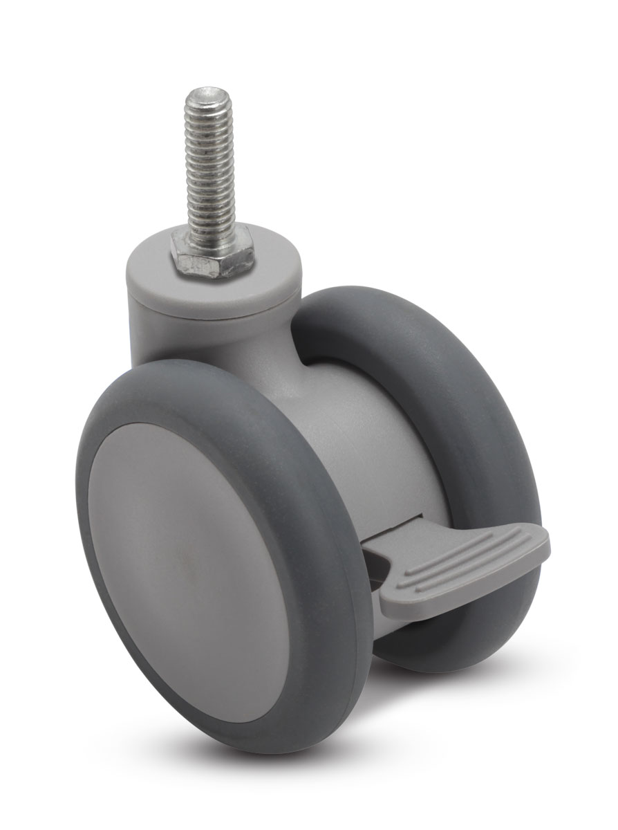 Caster; Twin Wheel; Swivel; 65mm; Thermoplastized Rubber (Gray); Threaded Stem (3/8"-16TPI x 3/4"); Gray; Riveted Axle; 110#; Wheel Brake (Item #65549)
