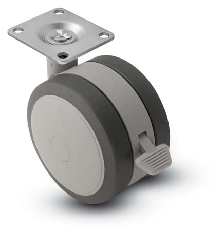 Caster; Twin; Swivel; 5" (125mm) Thermoplastized Rubber (Gray); Plate; 2-3/16"x2-9/16"; holes: 1-5/8"x2"; 5/16" bolt; Black/Grey; 225#; Brake (Item #67701)