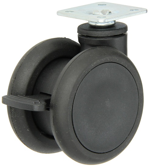 (image for) Caster; Twin Wheel; Swivel; 65mm; Thermoplastized Rubber (Black); Plate (1-1/2" x 1-1/2"; holes: 1" x 1"; 3/16" bolt);Riveted Axle; 110# (Item #63305)