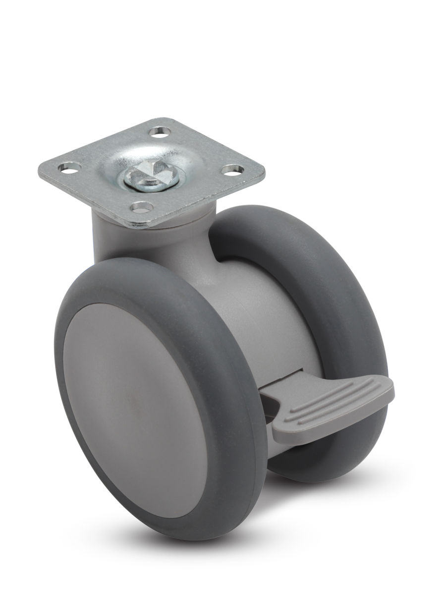 Caster; Twin Wheel; Swivel; 65mm; Thermoplastized Rubber (Gray); Plate (1-1/2" x 1-1/2"; holes: 1" x 1"; 3/16" bolt);Riveted Axle; 110#; Pedal Brake (Item #65400)