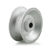 Wheel; U-Groove for Pipe; 5"; Cast Iron; Outer width 2-1/4"; Roller Brng; 3/4" Bore; 2-3/16" Hub Length; 600#.  Work with 1-3/4" diameter pipes. (Item #88561)