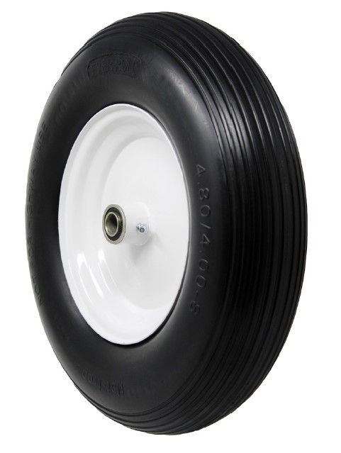 Wheel; 15-1/2" x 3-3/4"; Foam-Filled Flat Free Tire (Black); Prec Ball Brngs; 3/4" Bore; 3" Hub Length; 520#; White Centered One-piece Hub; Ribbed Tread (Item #87469) Wheel; 15-1/2" x 3-3/4"; Foam-Filled Flat Free Tire (Black); Prec Ball Brngs; 3/4" Bore; 3" Hub Length; 520#; White Centered One-piece Hub; Ribbed Tread (Item #87469)