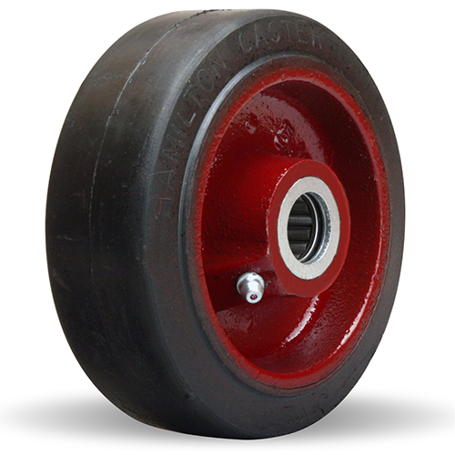 Wheel; 6" x 2"; Rubber on Red Cast Iron; Plain bore; 1-7/16" Bore; 2-1/4" Hub Length; 410# (Item #87702) Wheel; 6" x 2"; Rubber on Red Cast Iron; Plain bore; 1-7/16" Bore; 2-1/4" Hub Length; 410# (Item #87702)