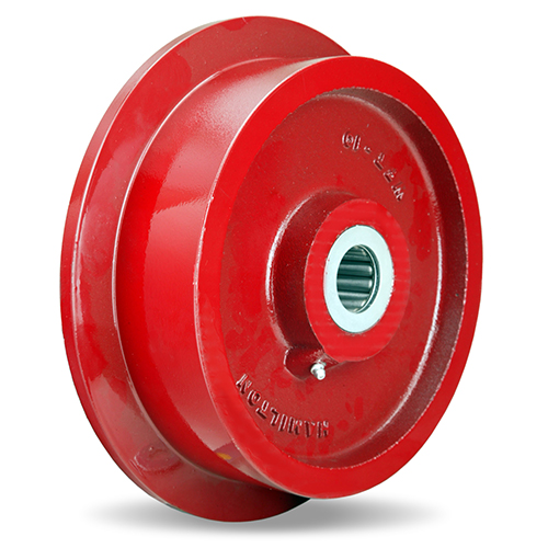 Single Flanged Wheel; 8" x 1-7/16" (9" x 1-13/16" with flange); Cast Iron; Twin Precision 6205 Bearings; 2000#; 1/2" Bore; 2-7/16" Hub Length; 600° F (Item #87282)