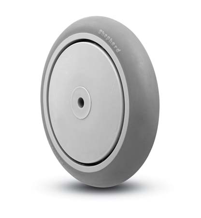 Wheel; 5" x 1"; ThermoPlstc Rbr; Round (Gray); Precision Ball Brng; 160#; 5/16" Bore; 1-3/16" Hub Length; Thread guards (Item #89445) Wheel; 5" x 1"; ThermoPlstc Rbr; Round (Gray); Precision Ball Brng; 160#; 5/16" Bore; 1-3/16" Hub Length; Thread guards (Item #89445)