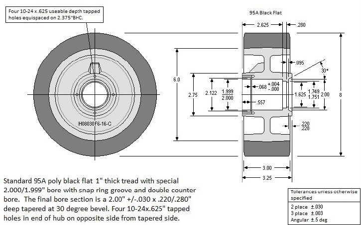 (image for) Wheel; 8" x 3"; PolyU (1"; 95A) on HD Cast; 2" Stepped Plain Bore with Snap Ring Groove; Dbl. Counter Bore 3-1/4" Hub Length; 3200#; Made in USA; Threaded Cap (Item #87605)
