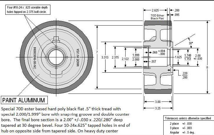 Wheel; 8" x 3"; PolyU on HD Cast Iron (1/2"; 70D; black tread); 2" Stepped Bore; Snap Ring groove; dbl counter bore 3-1/4" Hub Length; 3200#; Made in USA (Item #87606)