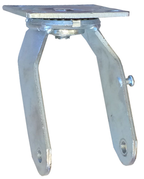 Yoke, Axle & Nut; Swivel; 8" x 3"; Top Plate (4"x4-1/2": holes: 2-5/8"x3-5/8" slotted to 3"x3"; 3/8" bolt); Zinc; 1/2" Bore; 3-5/8" Hub Length; 275# (Item #88497)