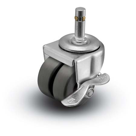 Caster; Dual Wheel; Swivel; 2" x 7/8" (x2); Rubber (Hard; Non-marking); Grip Ring (7/16" x 1-7/16"); Zinc; Plain bore; 225#; Side friction brake (Item #66326) Caster; Dual Wheel; Swivel; 2" x 7/8" (x2); Rubber (Hard; Non-marking); Grip Ring (7/16" x 1-7/16"); Zinc; Plain bore; 225#; Side friction brake (Item #66326)