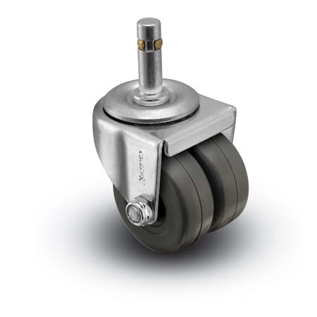 Caster; Dual Wheel; Swivel; 2" x 7/8" (x2); Rubber (Hard; Non-marking); Grip Ring (7/16" x 1-7/16"); Zinc; Plain bore; 225# (Item #66327) Caster; Dual Wheel; Swivel; 2" x 7/8" (x2); Rubber (Hard; Non-marking); Grip Ring (7/16" x 1-7/16"); Zinc; Plain bore; 225# (Item #66327)