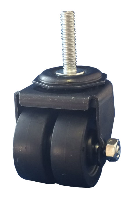 Caster; Dual Wheel; Swivel; 2" x 7/8" (x2); Polyolefin; Threaded Stem (3/8"-16TPI x 1-1/2"); Black Rig; Plain bore; 225# (Item #65732)