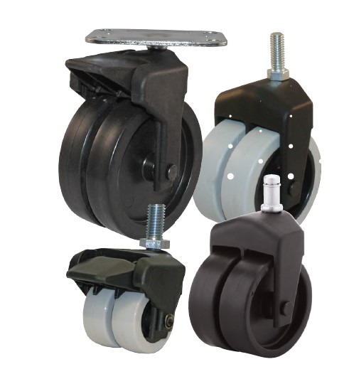 Caster; Dual Wheel; Swivel; 2" x 3/4"; Polypropylene; Threaded Stem (5/16"-18TPI x 1"); Black Yoke; Plain bore; 200# (Item #63310) Caster; Dual Wheel; Swivel; 2" x 3/4"; Polypropylene; Threaded Stem (5/16"-18TPI x 1"); Black Yoke; Plain bore; 200# (Item #63310)