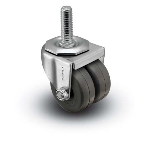 Caster; Dual Wheel; Swivel; 2" x 7/8" (x2); Rubber (Hard; Non-marking); Threaded Stem (3/8"-16TPI x 1-1/2"); Zinc; Plain bore; 225# (Item #66815)