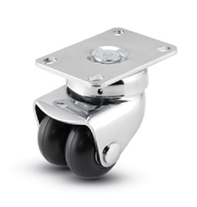 Caster; Dual Wheel; Swivel; 2"x1"; Rubber (Soft Donut); Plate (2-1/2x3-5/8: holes: 1-3/4x2-3/4 (slots to 3); 5/16 bolt); Bright Chrome; Prec BB; Thrd Grds; 300# (Item #67200)