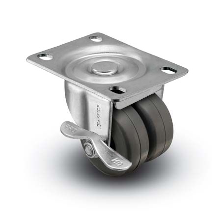 Caster; Dual Wheel; Swivel; 2" x 7/8" (x2); Soft Rubber (non-marking); Plate (2-5/8"x3-3/4"; holes: 1-3/4"x2-3/4" slotted to 3"; 5/16" bolt); 180#; Brake (Item #65184)