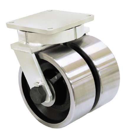 Dual Wheel Caster; Swivel; 6" x 3"; Forged Steel; Plate (6-1/4"x7-1/2": holes: 4-1/8"x6" slots to 4-1/2"x6-1/8"; 1/2" bolt); Tapered Brng; 20000#; Kingpinless (Item #63118) Dual Wheel Caster; Swivel; 6" x 3"; Forged Steel; Plate (6-1/4"x7-1/2": holes: 4-1/8"x6" slots to 4-1/2"x6-1/8"; 1/2" bolt); Tapered Brng; 20000#; Kingpinless (Item #63118)