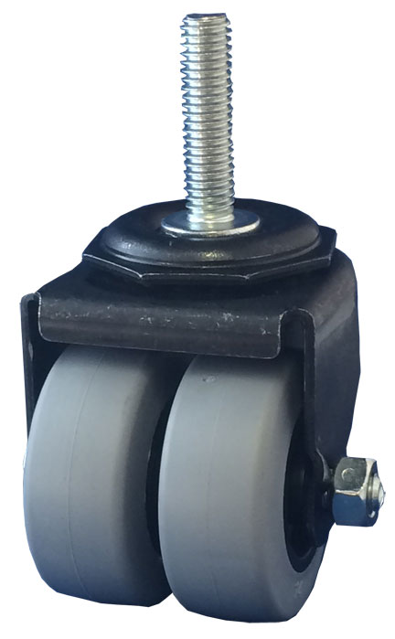 Caster; Dual Wheel; Swivel; 2" x 7/8" (x2); Thermoplastized Rubber (Gray); Threaded Stem (3/8-16TPI x 1-1/2); Black Rig; Plain bore; 180# (Item #65738)