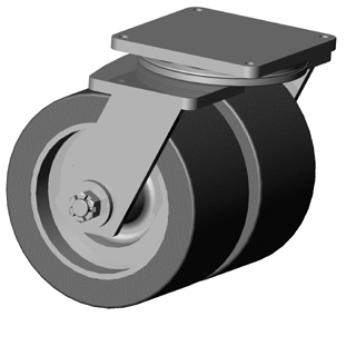 Caster; Swivel; 10x Dual 4" wheels; 95A PolyU on Forged Steel; Plate (8-1/2"x8-1/2"; holes: 7"x7"; 5/8" bolt); Gold Dich; Tapered Brng; 10000#; Kingpinless (Item #67444) Caster; Swivel; 10x Dual 4" wheels; 95A PolyU on Forged Steel; Plate (8-1/2"x8-1/2"; holes: 7"x7"; 5/8" bolt); Gold Dich; Tapered Brng; 10000#; Kingpinless (Item #67444)