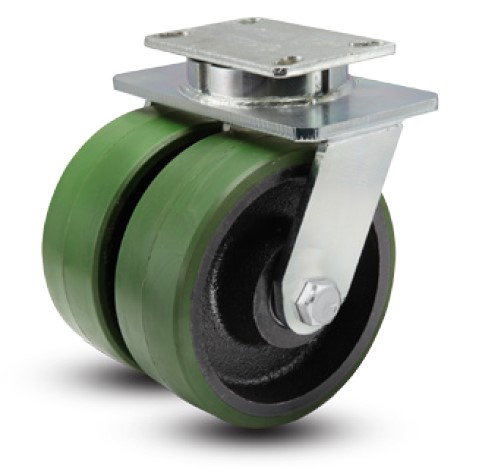 Caster; Dual; Swivel; 6"x2" (x 2); PolyU on Cast; Plate (4-1/2"x6-1/4"; holes: 2-7/16"x4-15/16" slotted to 3-3/8"x5-1/4"; Roller Brng; 2000#; Kingpinless (Item #63673) Caster; Dual; Swivel; 6"x2" (x 2); PolyU on Cast; Plate (4-1/2"x6-1/4"; holes: 2-7/16"x4-15/16" slotted to 3-3/8"x5-1/4"; Roller Brng; 2000#; Kingpinless (Item #63673)