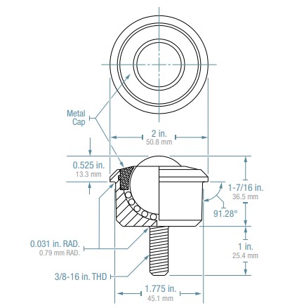 (image for) Ball Transfer; 1-3/16"; Steel Main ball; Threaded Stem (3/8"-16TPI x 1"); Carbon Steel housing; 750#; 17/32" load height; Hi temp (400 deg) (Item #87654)