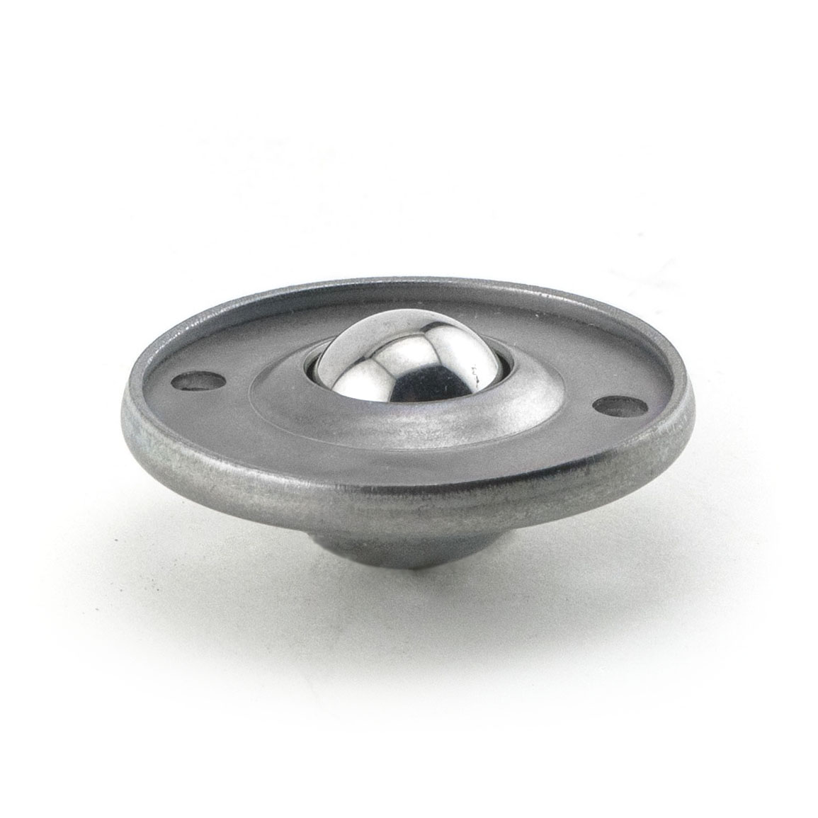 Ball Transfer; Low Profile; 5/8" Stainless Steel ball; Flange (1-11/16" diameter; two 1/8" holes: 1-1/4" apart); Carbon Steel flange; 20#; 3/8" profile (Item #88816) Ball Transfer; Low Profile; 5/8" Stainless Steel ball; Flange (1-11/16" diameter; two 1/8" holes: 1-1/4" apart); Carbon Steel flange; 20#; 3/8" profile (Item #88816)